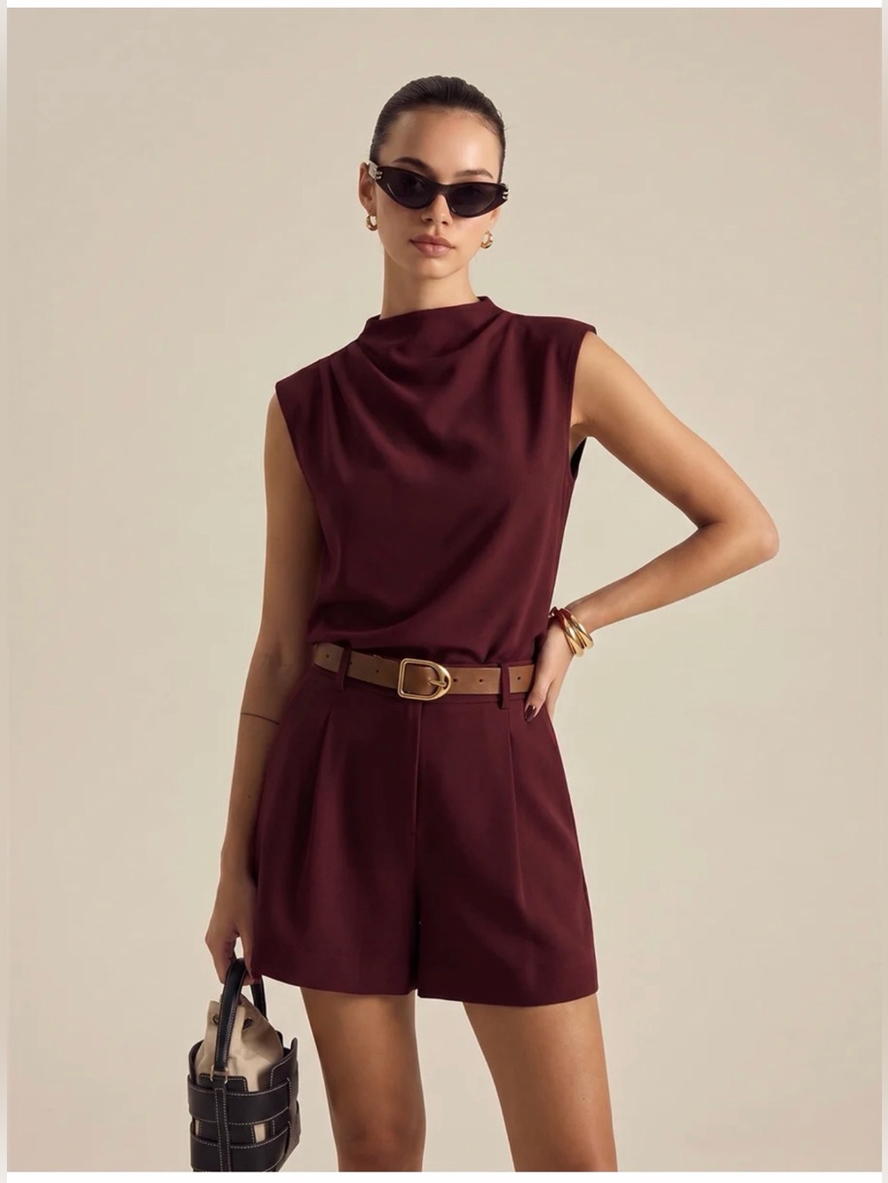 Commense Draped Sleeveless Top & without Belt Shorts Set